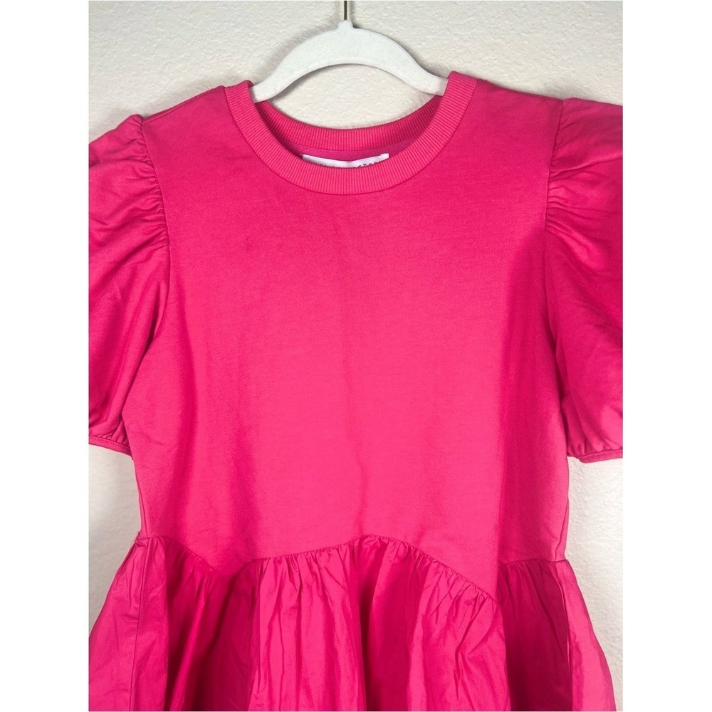 English Factory Mixed Media Puff Sleeve Peplum Top Pink XS NWT Crewneck Blouse - Picture 4 of 10